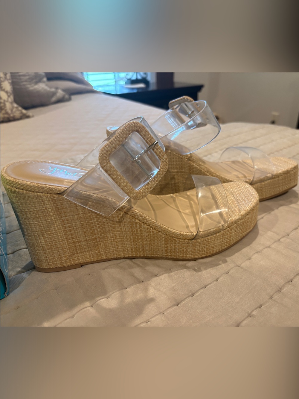 Clear Strap Wedge Sandals with Natural Raffia Platform
